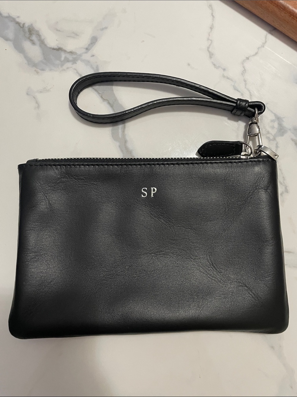 Royce Leather Black Wristlet with Silver Initials “S P”